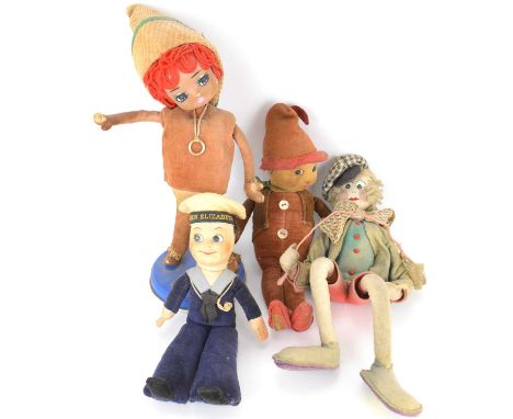 NORAH WELLINGS; three cloth dolls, comprising a sailor boy, length 21cm, boy with red painted hat and brown jacket, length 26