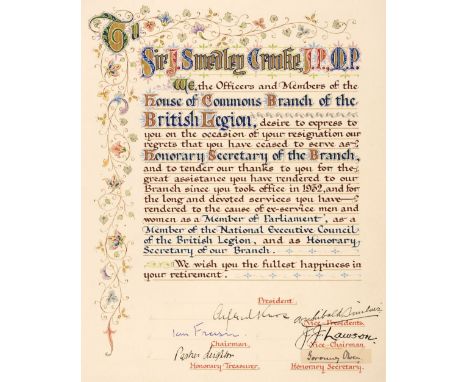 Illuminated Address. From the House of Commons Branch of the British Legion to Sir J. Smedley Crooke, J.P., M.P, circa 1945, 