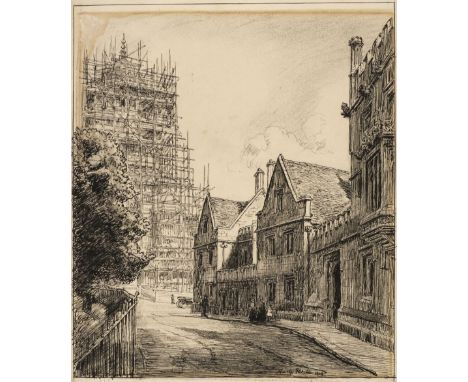 Fletcher (Hanslip, 1874-1955). Street scene with church in scaffolding, 1909, pen &amp; black ink on wove paper, signed and d