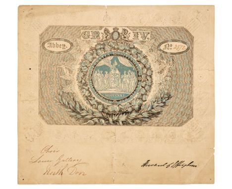 George IV Coronation Ticket. A printed ticket for admission to Westminster Abbey on the occasion of King George IV's Coronati