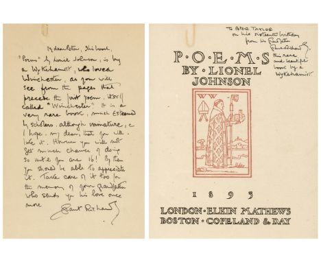 Johnson (Lionel). Poems, 1st edition, London: Elkin Mathews and Boston: Copeland &amp; Day, 1895, title-page vignette and col