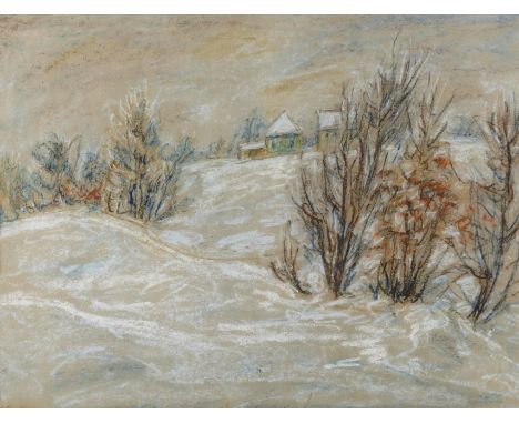 Albert Schwarz, Winter im Erzgebirgemit einigen Bäumen bewachsener und verschneiter Hang mit vereinzelten Häusern, Kreiden au