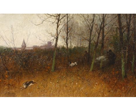 Jean Grothe, Hasenjagdzwei Jäger mit Hund, einen Hasen jagend und im Hintergrund mittelalterliche Stadt, leicht pastose Genre