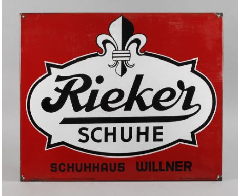 Blechschild Rieker Schuheum 1930, Herstellervermerk Boos &amp; Hahn Ortenberg-Baden, zusätzlich bez. Eigentum der Firma Rieke