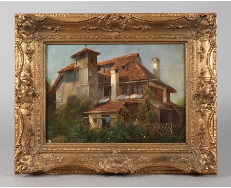 Prof. Friedrich Voltz, Sommerliches Landhausmitten im Grünen stehendes Landhaus mit zum Lüften ausgelegter Bettwäsche auf dem