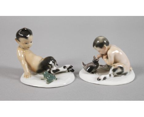 Goebel zwei Faune mit Tierenbeide Entwurf Gustafsson um 1920, jeweils zwei Pressmarken um 1935, geprägte Modellnummer G.F. 83