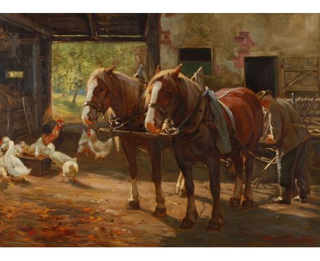 Hans Costa, Auf dem Bauernhofzwei stattliche, vor einen Leiterwagen gespannte Pferde, auf einem Bauernhof mit Hühnern stehend