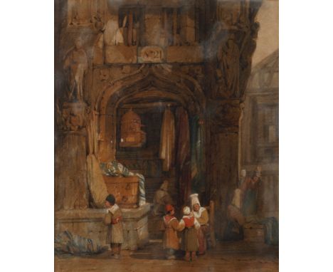 Samuel Prout, Beim Stoffhändlergotisches Portal mit einem Stoffhandel und Kindern, die interessiert die Ware beäugen, Aquarel