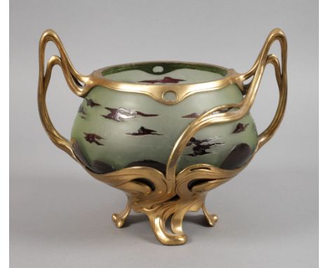 Bowle Osiris JugendstilFirma Walter Scherf Nürnberg, um 1900, Fabrikmarken und Modellnummer 572, Montierung aus Zinn vergolde