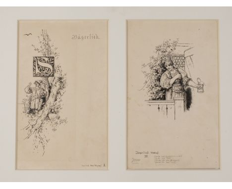 Prof. Carl Gehrts, Paar IllustrationszeichnungenJäger mit Armbrust und Magd mit Bierkrug, zu „Jägerlied“ von Max Wallraf, Tus