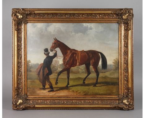 Prof. Franz Adam, attr., Herrenreiter vorm Schlosselegant gekleideter Herr mit Reitdecke, ein Pferd am Zaumzeug vor der Kulis