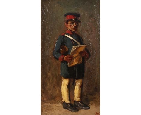 Karl Heinrich G. Hoers, attr., Die BekanntmachungMann in Uniform und mit Glocke unterm Arm, beim Verlesen einer Bekanntmachun
