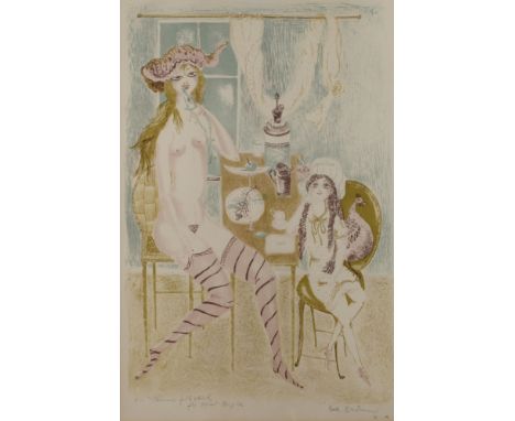 Bele Bachem, "Ein Sommerfrühstück"zwei weibliche, teils unbekleidete Personen an einem Frühstückstisch, Farblithographie, 197