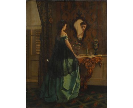 Edmond Lambrichs, Dame im Interieurjunge Frau in herrschaftlicher Garderobe im Historismusinterieur, fein lasierende Genremal