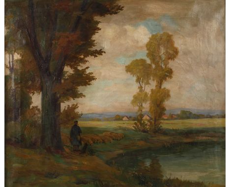 Hans Maulwurf, Blick auf OberburgPfeife paffender Schafshirte an einem Weiher, überblickt die weite Landschaft, Öl auf Leinwa