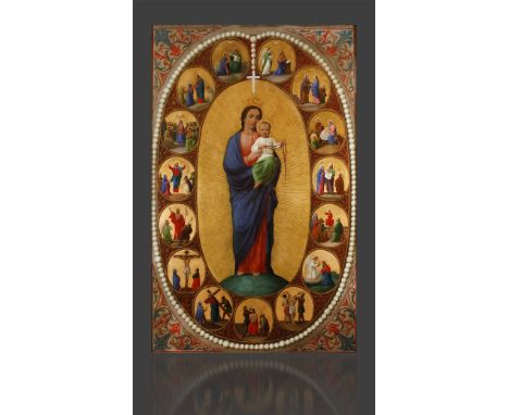 Josef Mánes, RosenkranzmadonnaMaria mit dem Jesuskind im Arm, welches einen Rosenkranz in seinen Händen hält, umgeben von ein