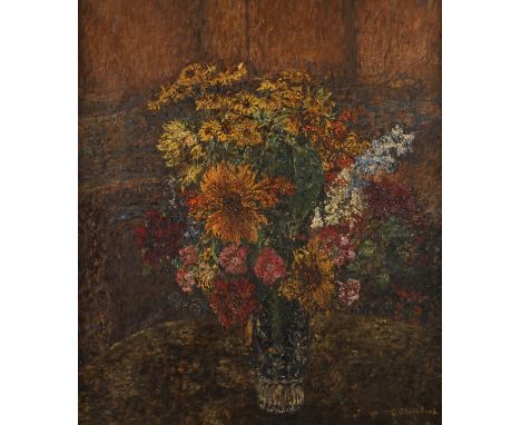 Eugen Stammbach, Pastoses BlumenstilllebenBleikristallvase mit einem sommerlichen Mix verschiedener Blumen vor gedecktem Hint