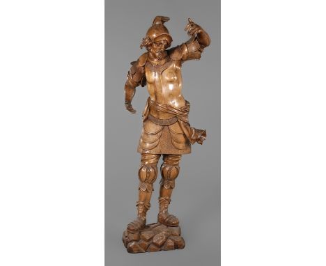 Renaissance Holzskulptur Landsknechtum 1600, unsigniert, Nussbaum massiv, fein beschnitzt, lebensgroße Darstellung eines Land
