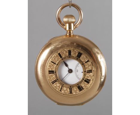 Halbsavonette Goldum 1880, fein guillochiertes Dreideckel-Goldgehäuse, 18 kt geprüft, Brückenankerwerk mit geschliffener Plat
