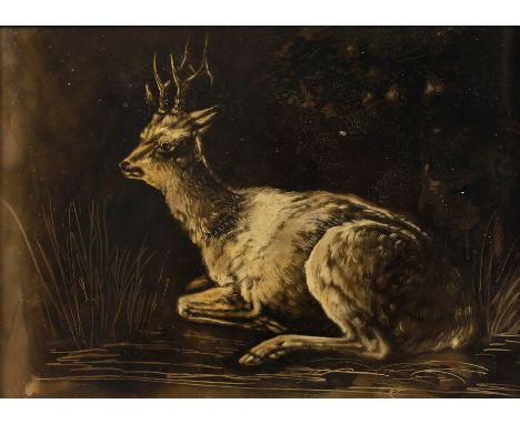 August Schleich, attr., Rehbockdetailreiche Darstellung eines liegenden Rehbocks in dunkler Umgebung, Rauchmalerei auf Papier