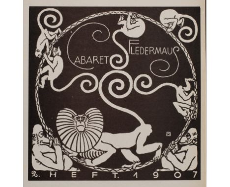 Moriz Jung, für Cabaret FledermausWerbehandzettel/Probedruck des Cabarets Fledermaus, an einem Reif turnende Affen, im oberen