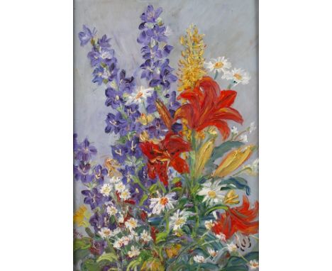 Elli-Maria Nitschke, Sommerblumenblühende Blumen wie Lilien, Rittersporn und Margeriten vor hellblauem Grund, pastose Blumenm