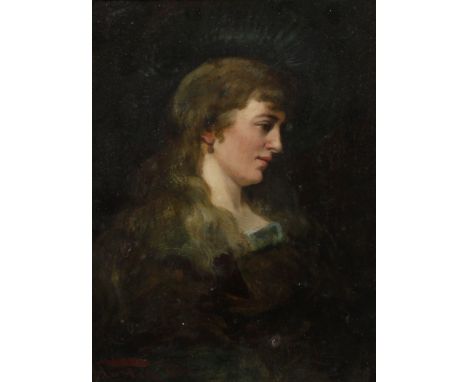 Austen, FrauenbildnisPortrait einer jungen Frau, mit langem Haar und großem Hut, vor dunklem Grund, minimal pastose Portraitm
