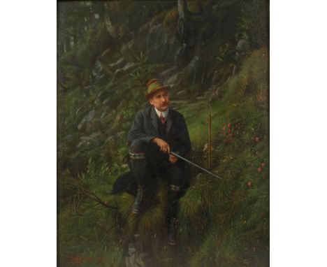Alois Stoff, Portrait eines JägersJäger im Dämmerlicht mit Gewehr, an einem Abhang im Wald sitzend, Genremalerei in gedeckter