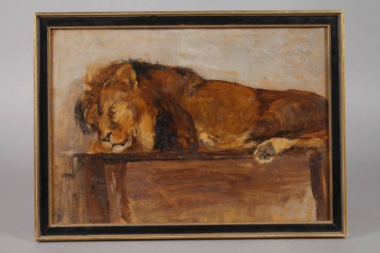 Schlafender Loweauf Einer Bank Ruhender Lowe Partiell Pastose Tiermalerei Ol Auf Pappe Um 1910