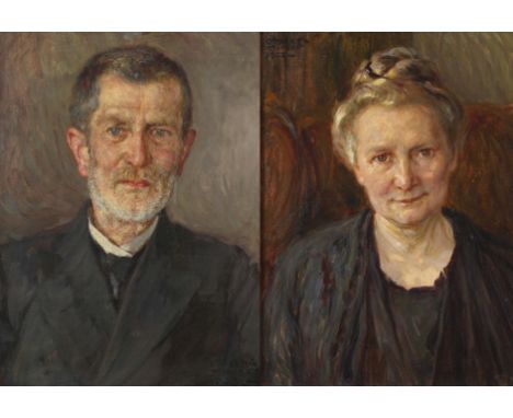 Otto Jung, Paar Bildnissezwei Gemälde mit den Portraits der Eheleute Schopbach, leicht pastose Portraitmalerei, Öl auf Leinwa