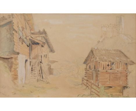 Lorenzo Quaglio II., "Bei Landeck"sommerliche Ansicht einer von Tiroler Bauernhäusern gesäumten Gasse zu Füßen der Burg Lande