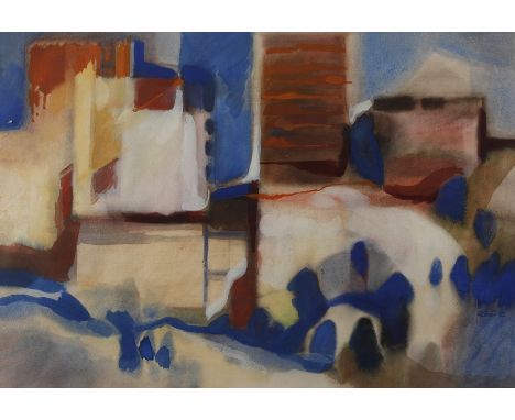 Gottfried Körner, Landschaft mit ArchitekturBlick auf von Bäumen und Wiesen umgebene Häuser vor blauem Himmel, Aquarell und D