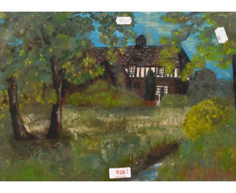 20th Century British School, oil impasto on board, Tudor style country house with garden and stream to the foreground, displa