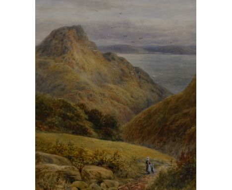 19th Century, British School, gouache, A mountain pass with seascape beyond and birds in flight above, signed indistinctly to