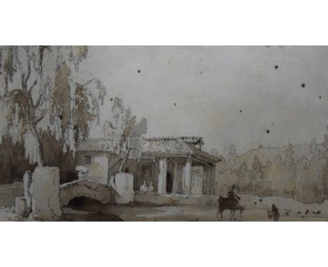 A 19th century pencil and watercolour sketch, a Continental rural dwelling with figures to the foreground, nicely drawn and e