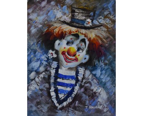 T. Denver (20th Century), acrylic, A contemporary portrait of a friendly clown, signed to the lower right, framed, mounted, a