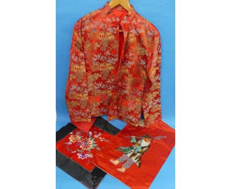 Chinese textiles: a vintage red brocade Mandarin Jacket, together with two Chinese embroidered silk panels, Chinese card and 