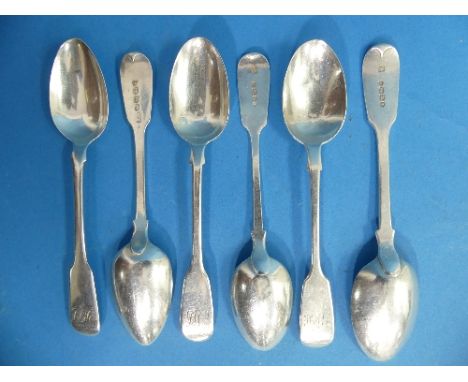 A collection of eight 19thC silver Teaspoons, seven fiddle pattern, all with initialled handles, one Old English pattern, app