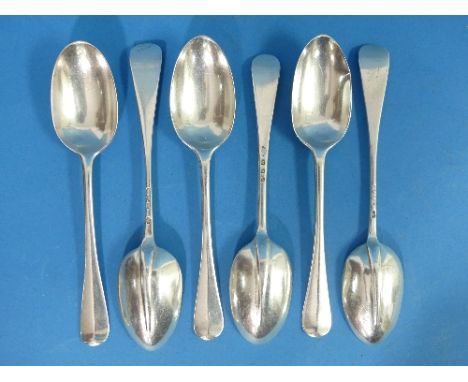 A near matched set of six silver Hanovarian rat tail Dessert Spoons, two by Dobson &amp; Sons, hallmarked London, 1900, 6¾in 