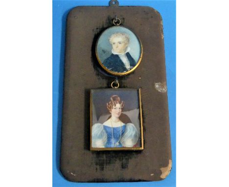 Early 20th century School, a miniature portrait of a woman in pink top, watercolour, in gilt metal frame and velvet-lined lea