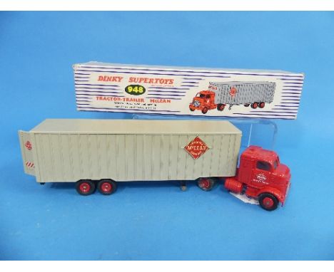 Dinky Supertoys 948 Tractor-Trailer "McLean", red cab, light grey trailer, red plastic hubs, boxed, model and box in overall 