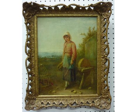 19th century School, Girl carrying a pitcher, and Girl with chicken and chicks, both portrayed in rural landscapes, a pair, o