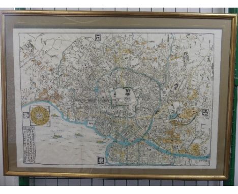 Japan: A 19thC Japanese woodblock printed Map of Tokyo, orientated to the West, showing the old centre of Edo with the Imperi