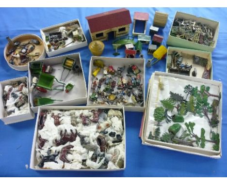 A good quantity of lead farm figures and accessories, Britains and Johillco, including farmers and farmhands, cattle and anim