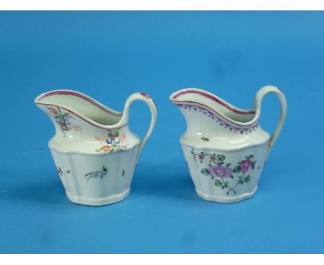 A New Hall porcelain serpentine-sided cream jug, c.1800, painted in the famille rose palate with floral sprays, pattern "860"