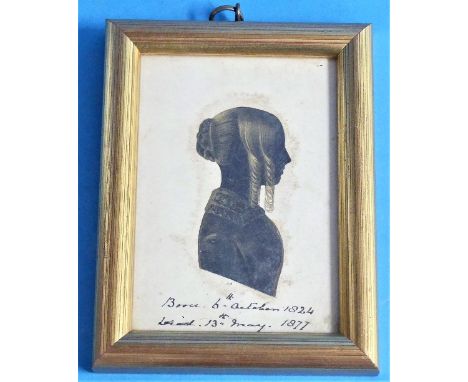 19th century Combe family Silhouettes; an interesting group of four Georgian painted silhouettes with bronzed highlights, hea