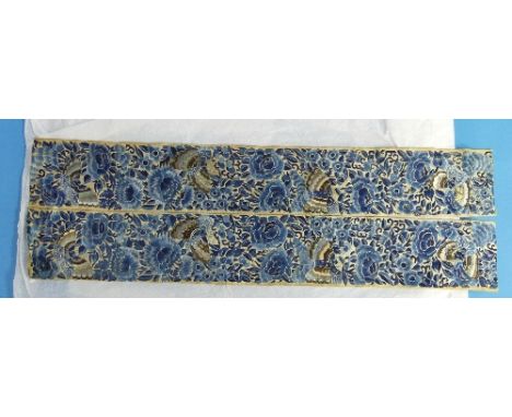 Chinese textiles: a pair of antique embroidered Sleeve Bands, profusely embroidered in blue silk threads with butterflies and