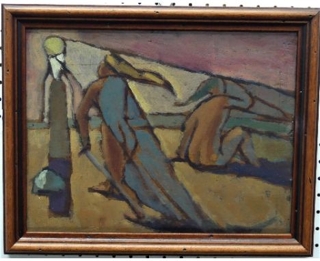 •Cyril Mann (British, 1911-1980), Shadows Cloak, No.3, oil on panel, the reverse also painted with a street scene, bears arti