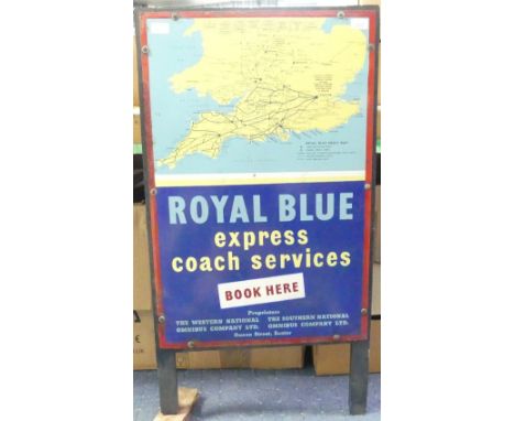 Bus and Coaching Interest; A Royal Blue Express Services enamel Booking Office Sign, in blue and yellow enamel, top half with