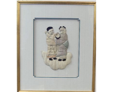 Antique Chinese Textiles: three framed pairs of late 19thC or early 20thC fabric cloud figures, formed three-dimensionally of